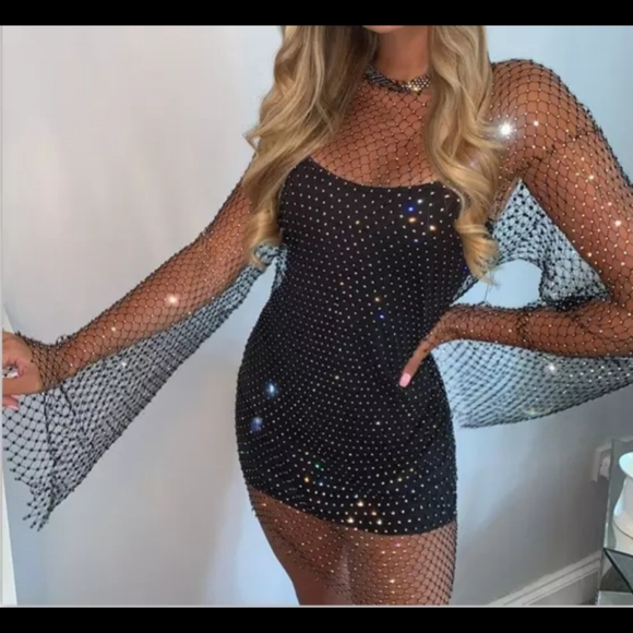 🆕 LISTING!! BNWOT CRYSTAL RHINESTONE OPEN FISHNET MAXI DRESS - Picture 5 of 9